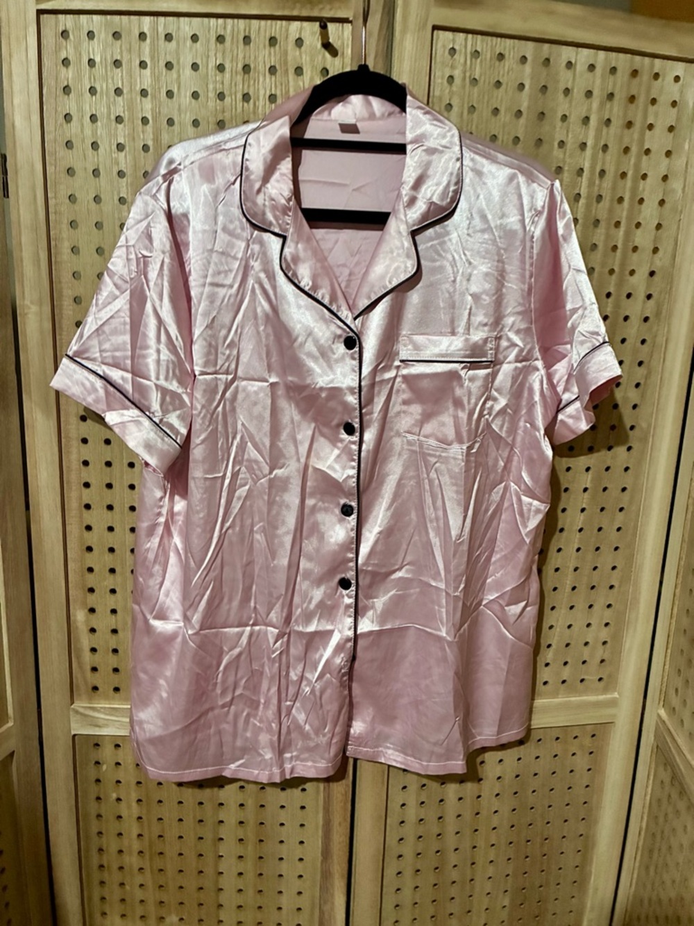 Light Pink Satin Button-Up Top and Shorts Set with Black Trim Size XL
